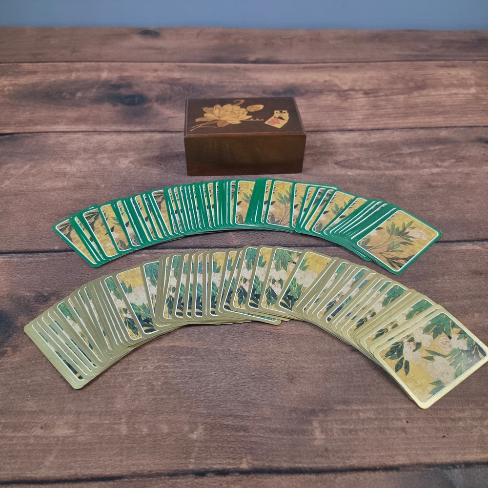 Vintage Inlaid Wood Playing Card Box with 2 Decks Green Gold Floral Excellent